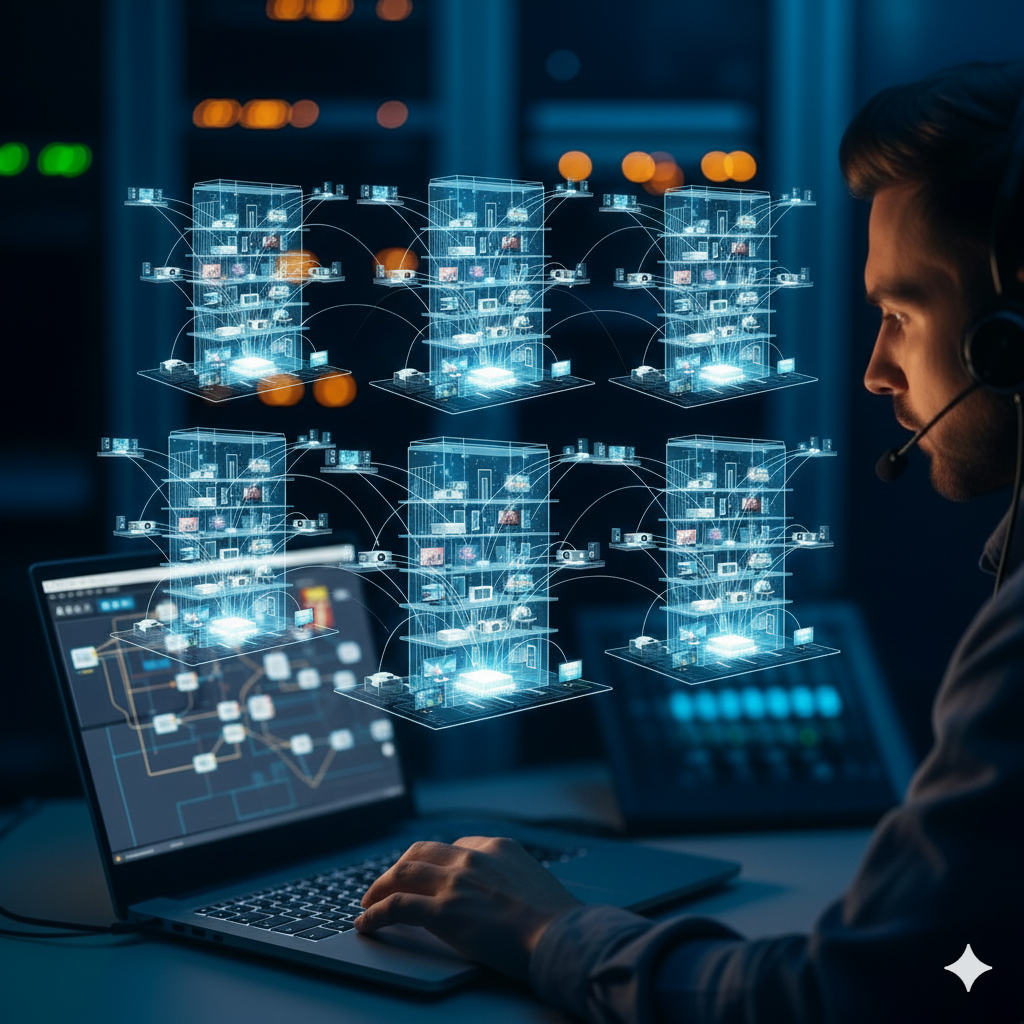 AV control room monitoring multiple sites
